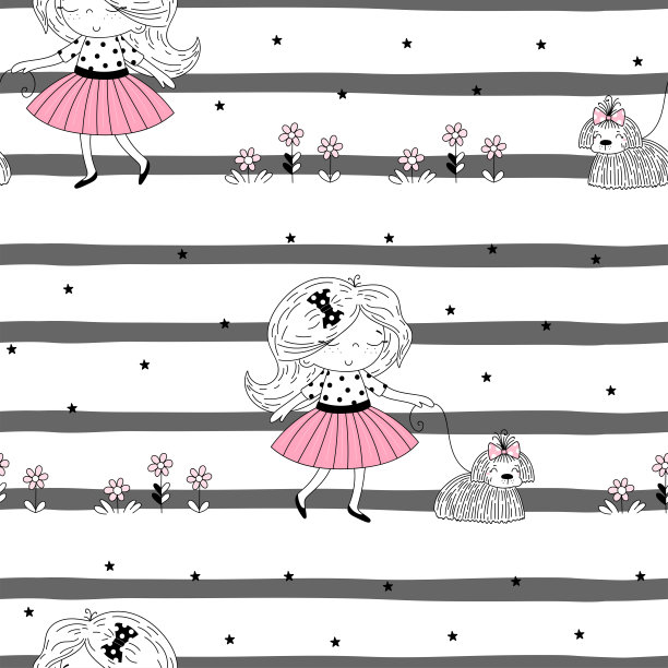 矢量无缝模式插图。可爱的法国小女孩穿着粉红色和狗。生活是一个美丽的短语。简单的极简矢量涂鸦插画女孩图片下载