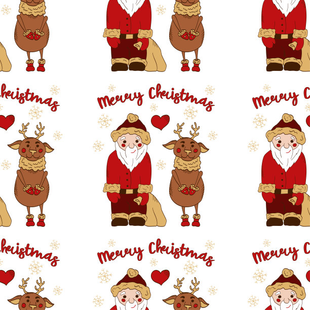 圣诞和新年。可爱的圣诞老人和他忠实的小鹿，题词圣诞快乐!无缝矢量模式上的白色背景。图片下载