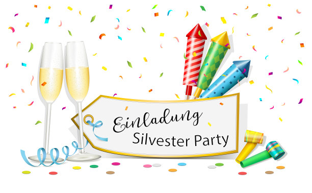 新年卡片与“Einladung Silvester Party”(德语文本翻译为英语邀请函“New Year’s Eve Party”)与香槟杯，火箭，卡片，彩纸，派对号角，文字，矢量插图孤立在白色背景图片下载