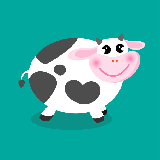 可爱的奶牛微笑卡通矢量插画概念。绿色背景上的肥美的奶牛。设计儿童产品。图片下载