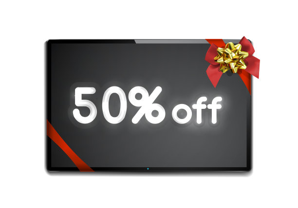 电视上明亮的霓虹灯销售标志，现代的黑屏液晶显示屏，装饰着一个蝴蝶结。图片下载