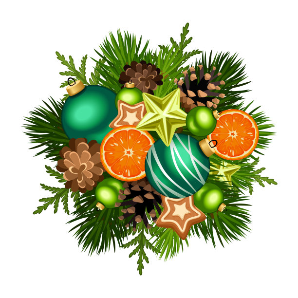 用绿色的球，冷杉树枝，圆锥体，星星和橙子装饰圣诞节。矢量插图。图片下载