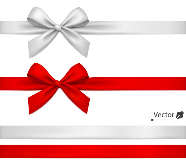 带蝴蝶结的丝带——红的，白的，银的。孤立在白色的。图片下载
