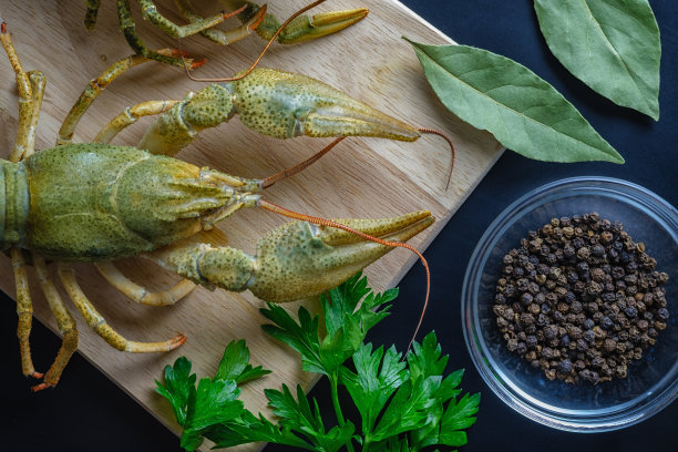 海鲜。加香料的绿色小龙虾。图片下载