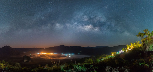 银河全景图在最黑暗的夜晚与美丽的山。长时间曝光照片。图片下载