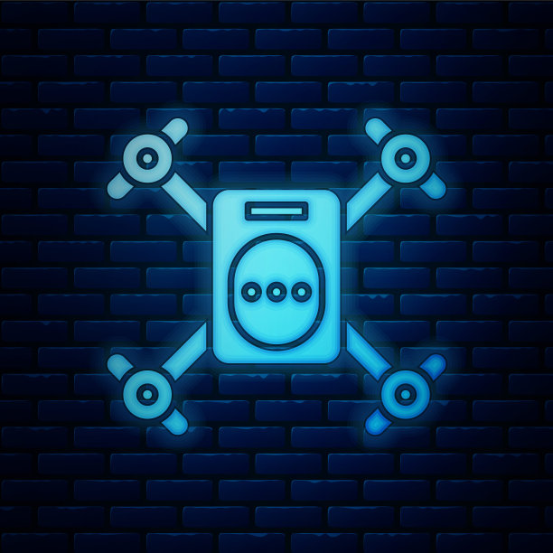 发光的霓虹灯无人机飞行与行动摄像机图标隔离在砖墙的背景。带有视频和照片相机符号的四轴飞行器。矢量图图片下载