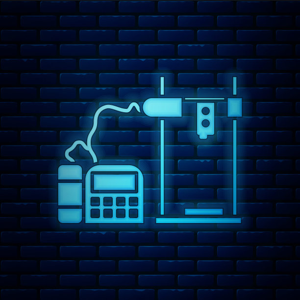 发光的霓虹灯3D打印机图标孤立在砖墙的背景。矢量图图片下载