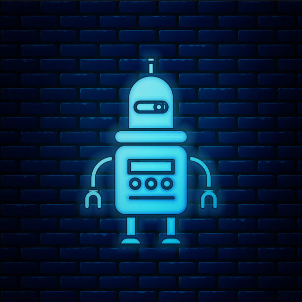 发光的霓虹灯机器人图标孤立在砖墙背景上。矢量图图片下载
