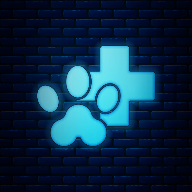 发光的霓虹灯兽医诊所标志图标孤立在砖墙的背景。十字医院的迹象。程式化的爪印狗或猫。宠物急救标志。矢量图图片下载