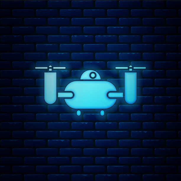 发光的霓虹灯无人机飞行与行动摄像机图标隔离在砖墙的背景。带有视频和照片相机符号的四轴飞行器。矢量图图片下载