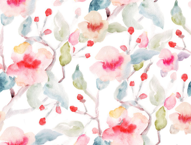 亚洲无缝图案与中国樱花。用亚洲传统符号绘制水彩插图图片下载