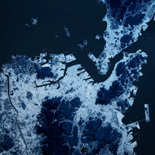 日本北九州3D渲染地图蓝色俯视图2018年3月图片下载