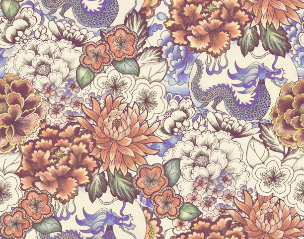 亚洲无缝图案有日本鲤鱼、中国樱花、东方扇日本花灯。用亚洲传统符号绘制水彩插图图片下载