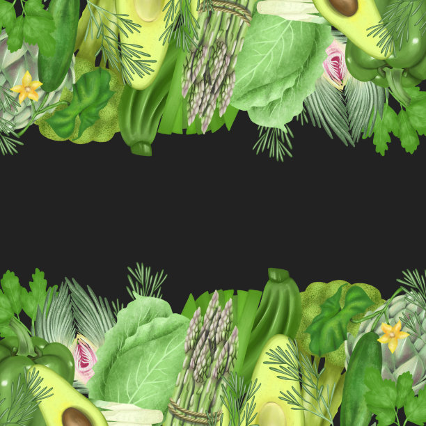 绿色健康水果和蔬菜(芦笋，朝鲜蓟，黄瓜，鳄梨，花椰菜，甜椒等)的边缘，手绘在黑色的背景上图片下载