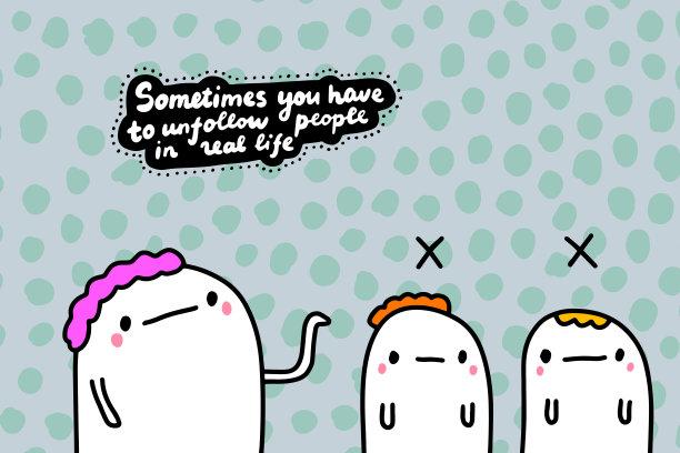 有时你必须取消关注人们在现实生活中手绘矢量插图在卡通漫画风格的社交网络图片下载