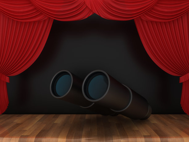 双筒望远镜与红色舞台窗帘在木地板- 3D渲染图片下载