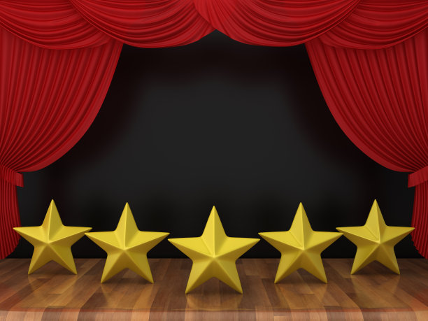 明星与红色舞台窗帘在木地板- 3D渲染图片下载