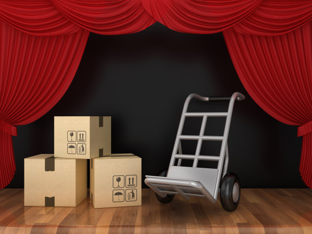 手推车和纸板箱与红色舞台窗帘在木地板- 3D渲染图片下载