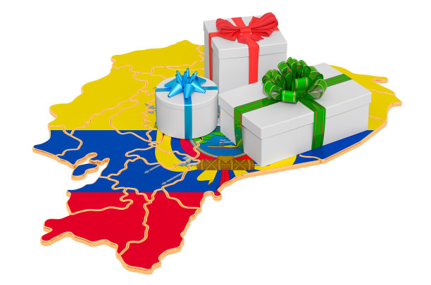 厄瓜多尔地图上的礼盒。厄瓜多尔圣诞节和新年假期概念。3D渲染孤立的白色背景图片下载