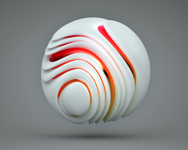 三维渲染抽象的三维球在有机曲线圆滑和柔软的波纹生物形式在白色粗糙陶瓷材料与光泽部分在红色和橙色梯度颜色的灰色背景图片下载