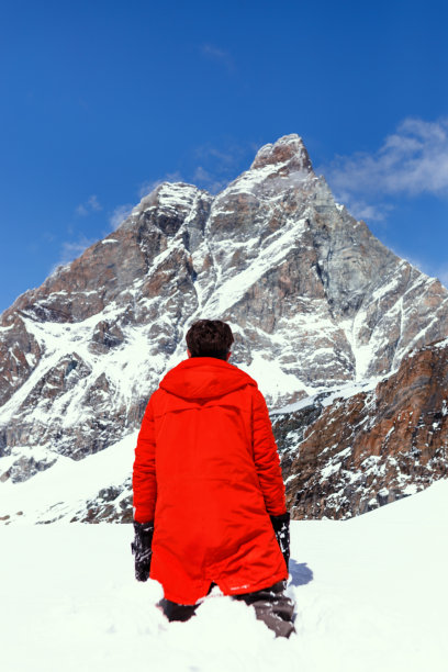 一个滑雪者的后视图看雪白色的山周围的风景。自由,生活方式的内容。图片下载