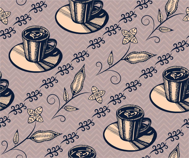 无缝图案搭配一杯咖啡，一块芝士蛋糕。手绘装饰背景。矢量模式。印刷纺织品，布料，墙纸，剪贴簿图片下载