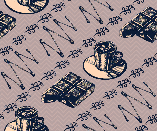 无缝图案搭配一杯咖啡，一块芝士蛋糕。手绘装饰背景。矢量模式。印刷纺织品，布料，墙纸，剪贴簿图片下载