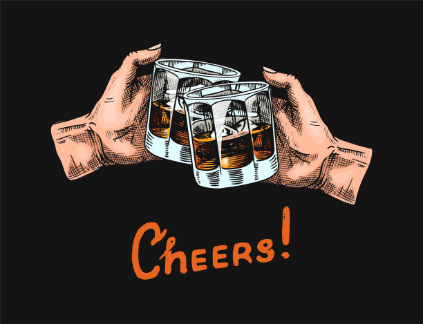 在黑色背景下干杯。手里拿着一杯威士忌。美国的象征。带有书法元素的酒精标签。手绘雕刻素描海报，横幅或t恤图片下载