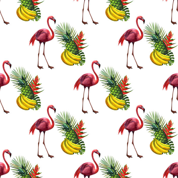 水彩无缝图案与火烈鸟手绘装饰背景。印刷纺织品，布料，墙纸，剪贴簿图片下载