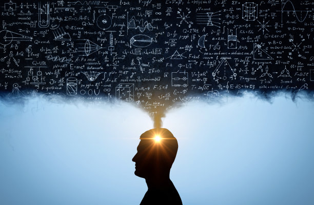 一个人的剪影，与思想的形式在物理数学公式。图片下载