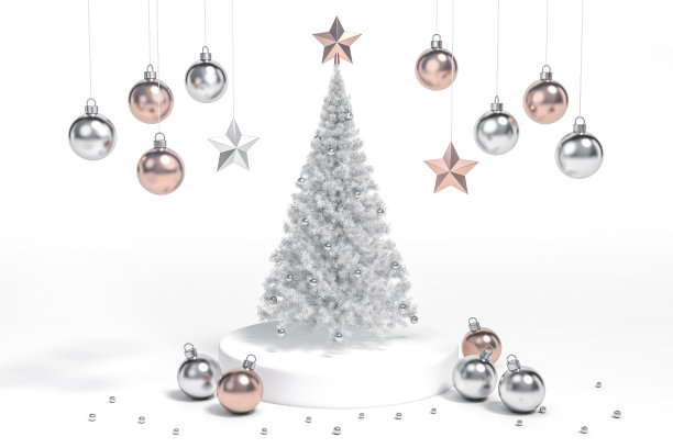 白色圣诞树和金属装饰对象组与领奖台显示站在白色背景3d渲染。图片下载