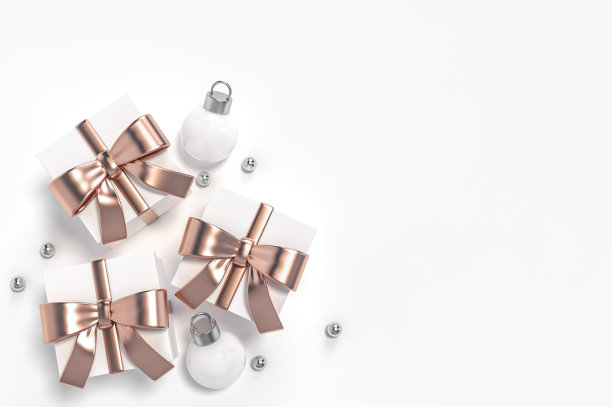 白色礼盒与玫瑰金丝带和圣诞球饰品装饰对象组在白色背景3d渲染。图片下载