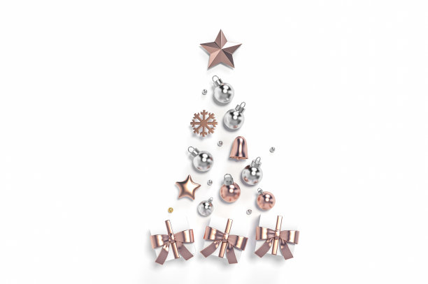 白色礼盒与玫瑰金丝带和金属圣诞球饰品把形状看起来像圣诞树在白色背景3d渲染。图片下载