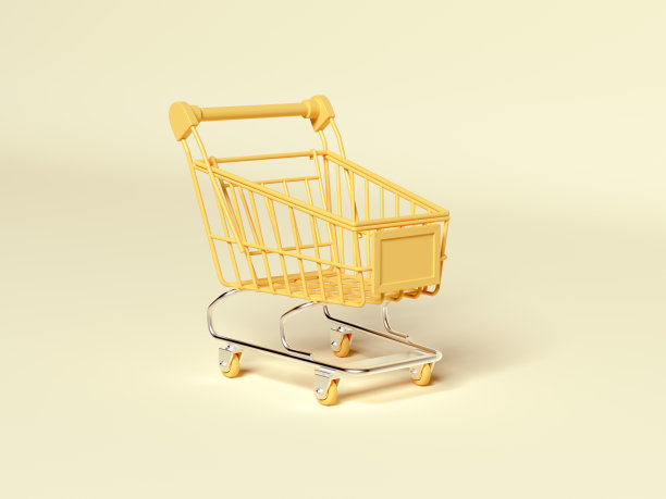 黄色购物车在一个孤立的黄色背景。最小平铺概念。三维渲染图片下载