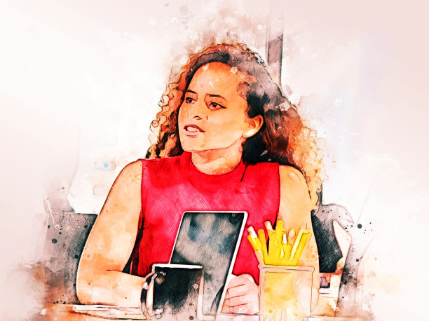 抽象的商业女性工作和聊天的朋友在办公室水彩插图画的背景。图片下载