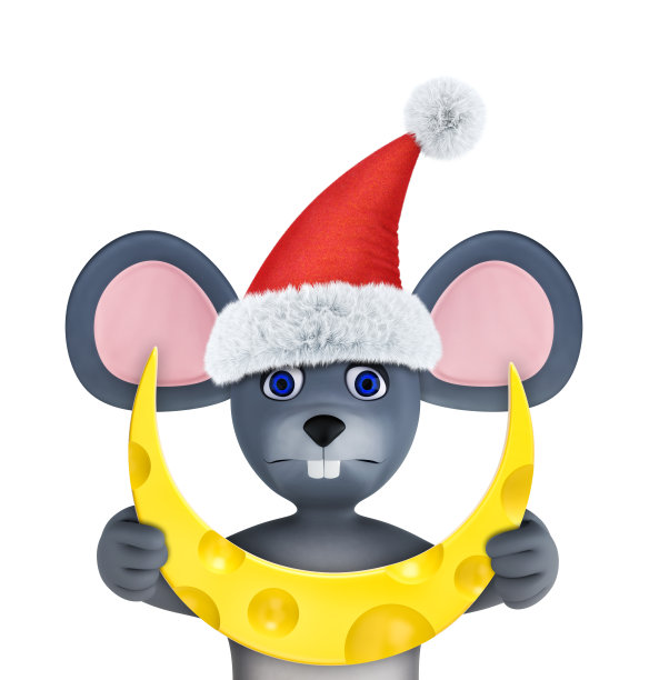 2020年新年贺卡可爱的老鼠和奶酪孤立在白色。动物野生动物假日卡通人物。3 d渲染。图片下载