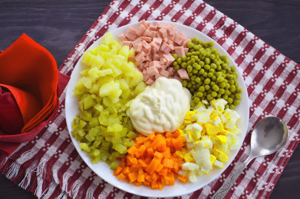 家庭菜奥利维尔沙拉，特写照片。到节日的餐桌上去。图片下载