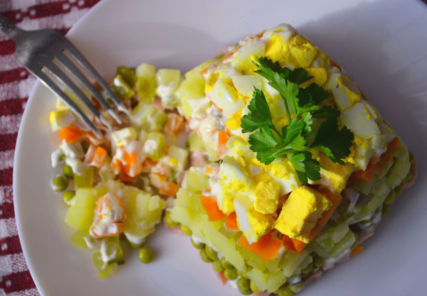 家庭菜奥利维尔沙拉，特写照片。到节日的餐桌上去。图片下载