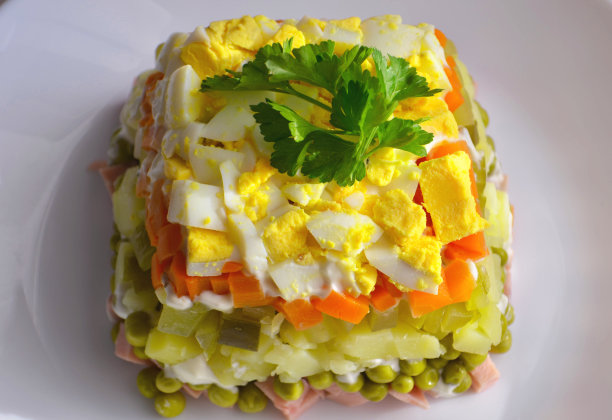 家庭菜奥利维尔沙拉，特写照片。到节日的餐桌上去。图片下载