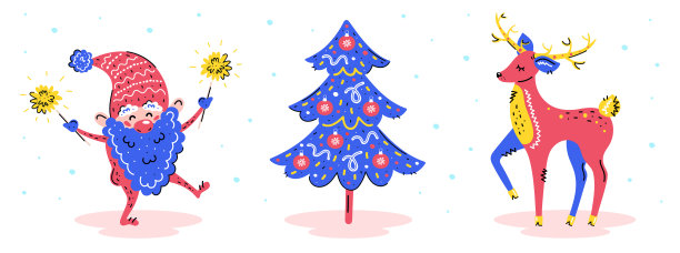 鹿与圣诞树和圣诞老人的精灵手绘剪贴画。图片下载