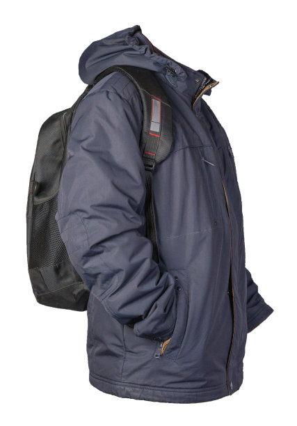 白色背景上穿着蓝色夹克的黑色背包图片下载