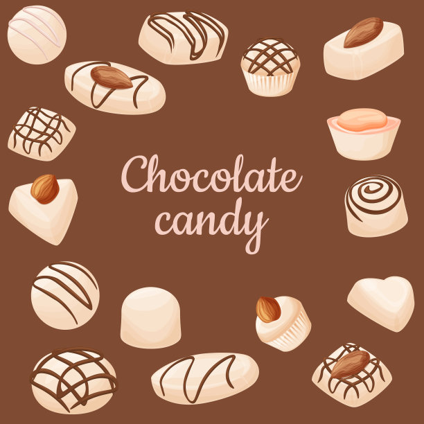 巧克力糖果卡通套装，孤立的白巧克力糖果插图。图片下载
