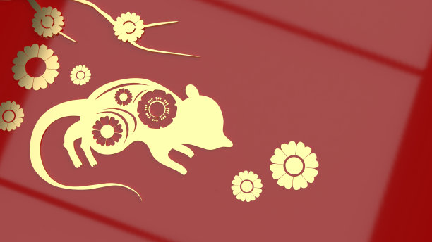 鼠标和花金板上的红色背景3d渲染为春节内容。图片下载