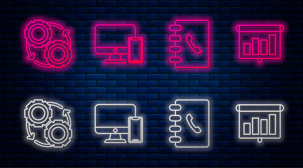 设行电脑显示器、手机、地址簿、齿轮和箭头作为工作流程概念，并以图形、图表、图表、信息图、饼图等形式展示财务板。向量图片下载