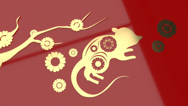 鼠标和花金板上的红色背景3d渲染为春节内容。图片下载