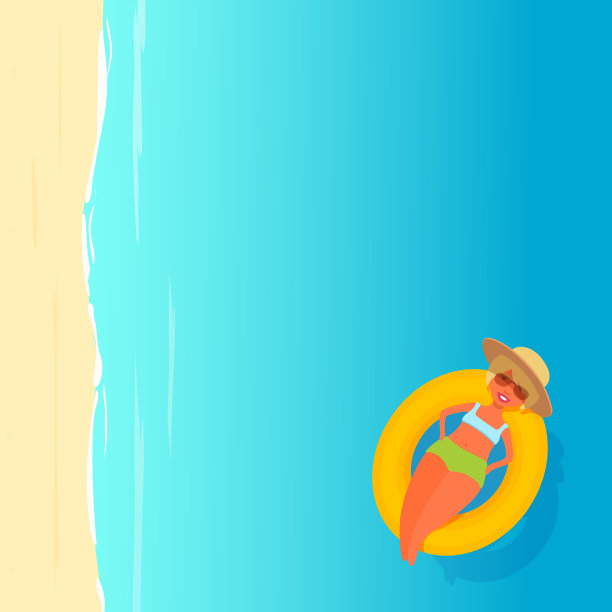 一个可爱的女人躺在一个充气戒指在蓝色的海洋背景。图片下载