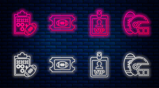 设行美式足球门票、贵宾徽章、策划策略概念及美式足球头盔。砖墙上发光的霓虹灯图标。向量图片下载