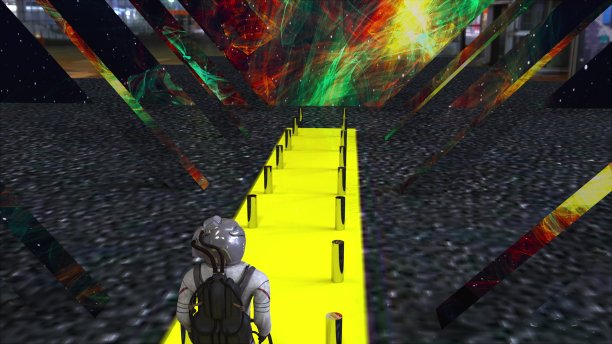 电脑在外层空间生成了一幅抽象的作品。宇航员正沿着一条狭窄的黄色小路行走。未来背景的3d渲染图片下载