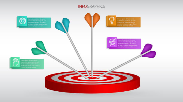 信息图表商业阶段设计与图标和四个步骤。飞镖游戏风格流程图。布局演示，工作流日历，生产力，目标和成就横幅插图。图片下载