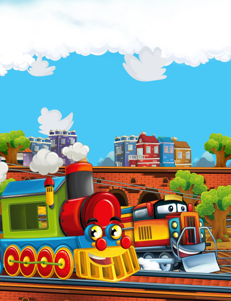 卡通有趣的蒸汽火车在火车站附近的城市图片下载